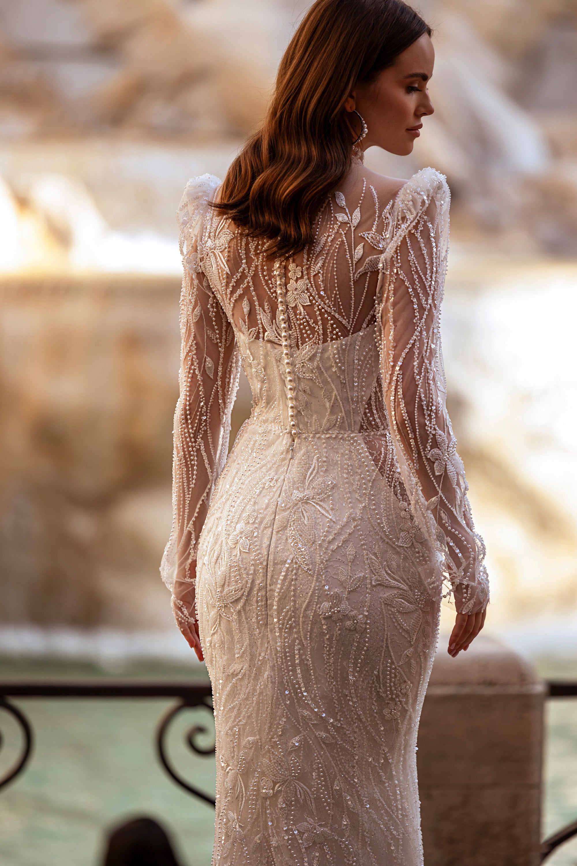 Beaded Sheath Wedding Dress with High Illusion Neck