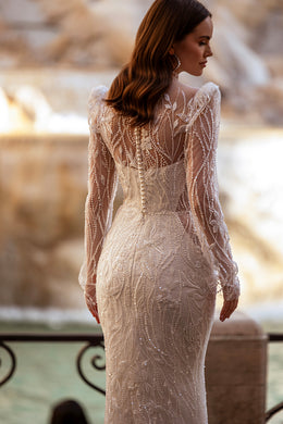 Beaded Sheath Wedding Dress with High Illusion Neck