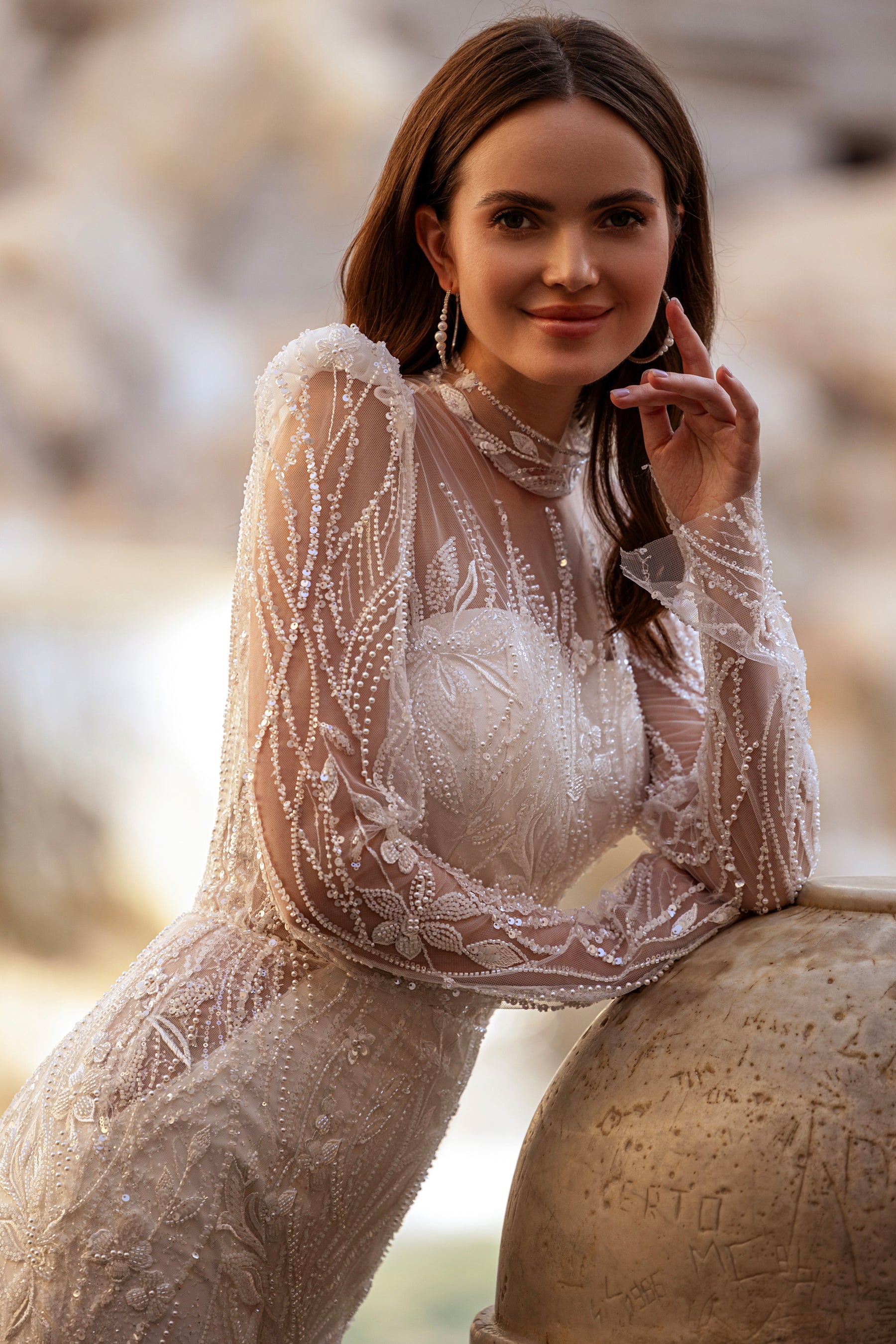 Beaded Sheath Wedding Dress with High Illusion Neck