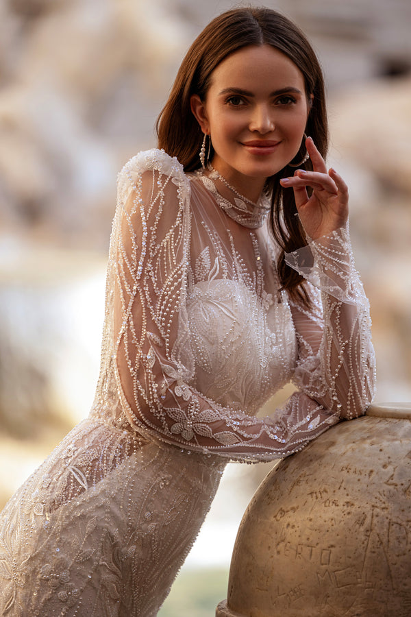 Romantic Tulle Wedding Dress With Lace Appliqués And Beading, Long Sleeves, Illusion High Neck, Embroidered Bodice, Floor-Length