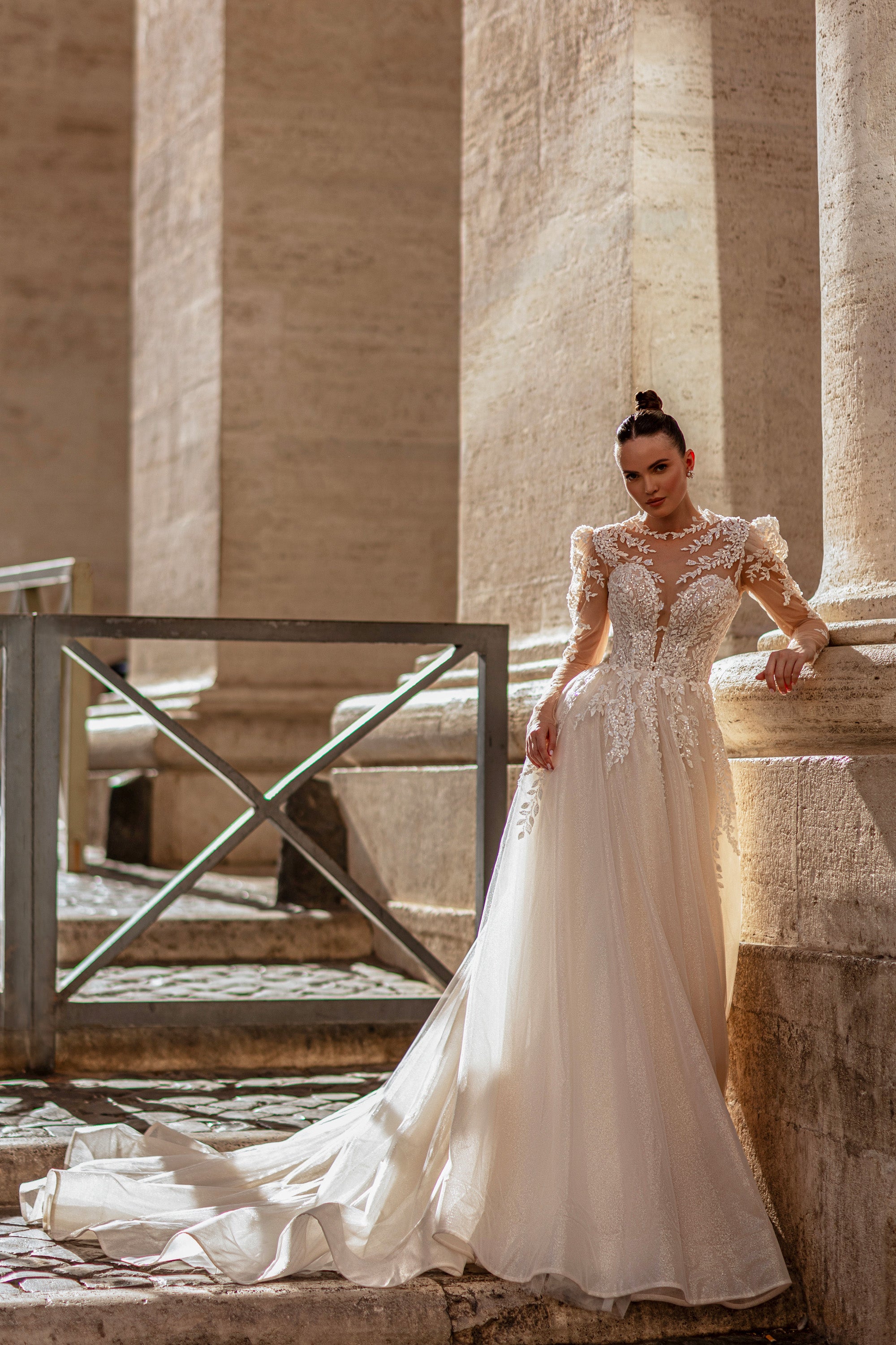 Sparkly A-Line Wedding Dress with Puff Illusion Sleeves