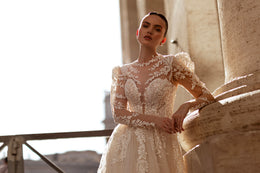 Sparkly A-Line Wedding Dress with Puff Illusion Sleeves
