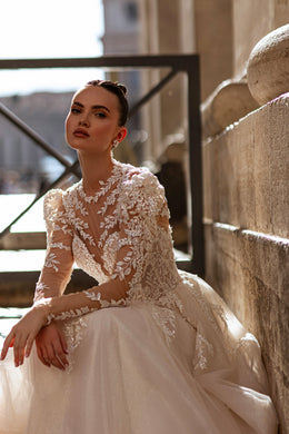 Sparkly A-Line Wedding Dress with Puff Illusion Sleeves