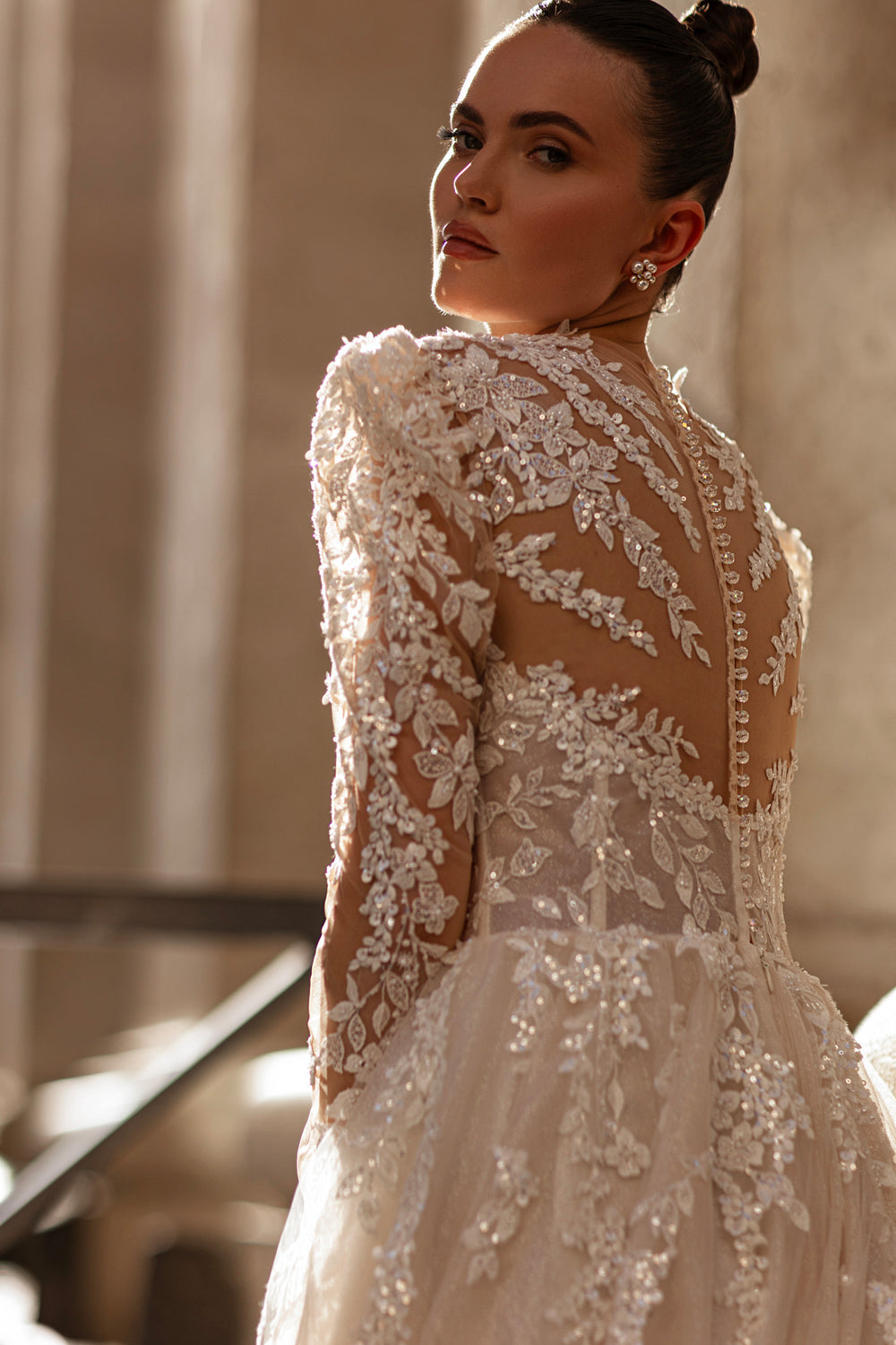 Ball Gown Wedding Dress in Tulle with Lace Appliqués, Illusion Neckline, Long Sleeves, Cathedral Train