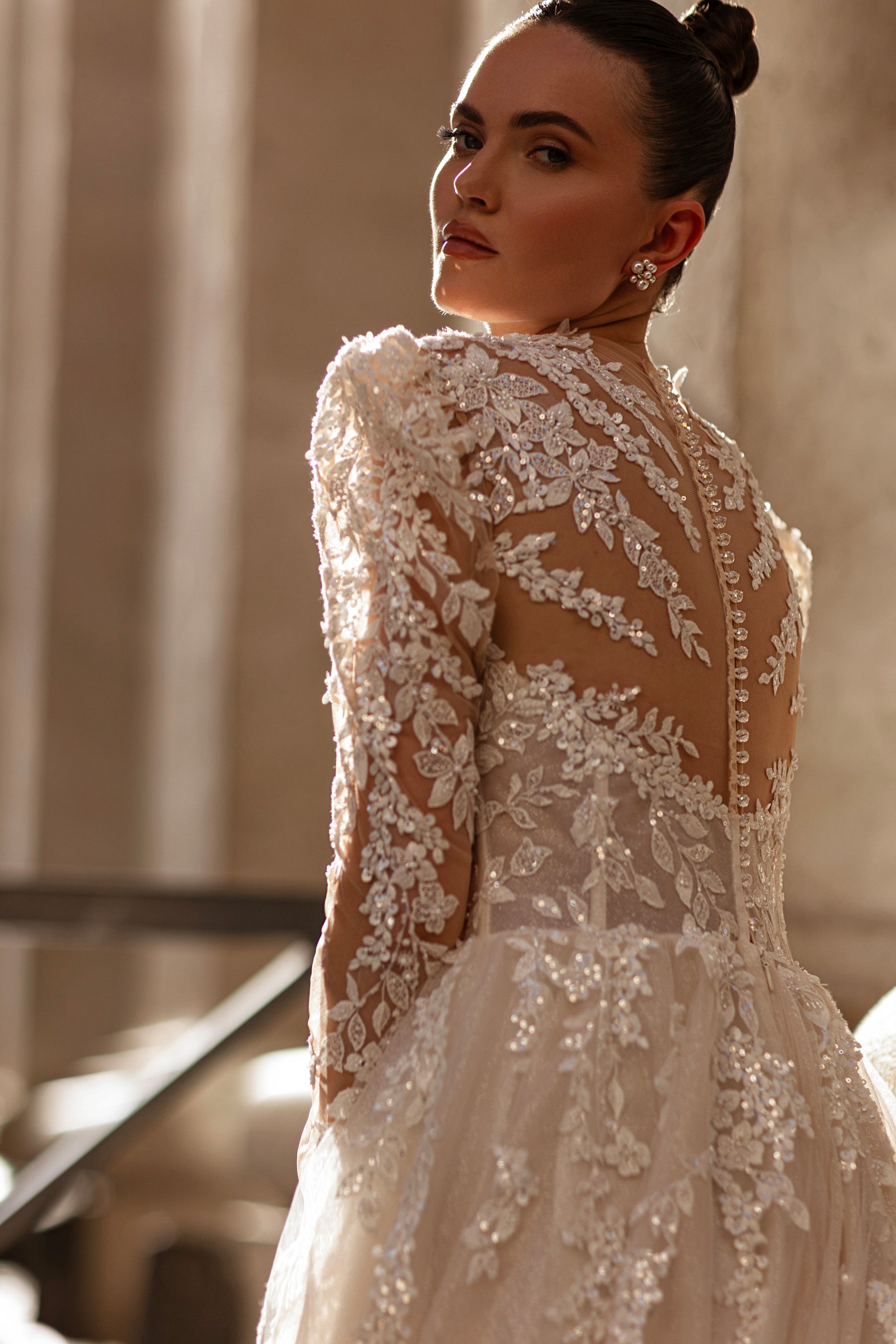 Sparkly A-Line Wedding Dress with Puff Illusion Sleeves