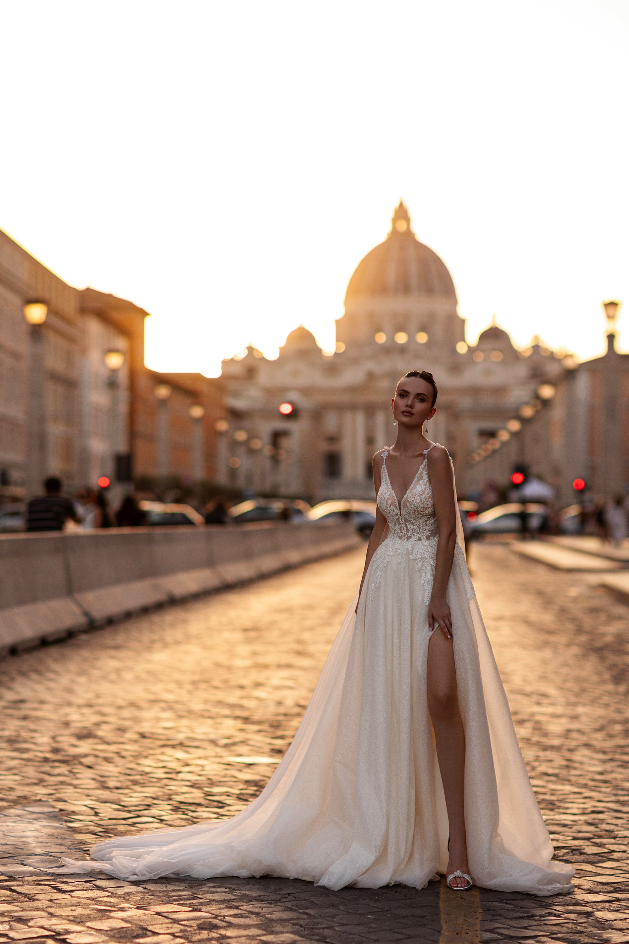 Sparkly A-Line Wedding Dress with Deep V-Neck and Slit