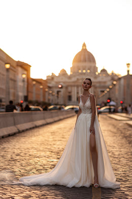 Sparkly A-Line Wedding Dress with Deep V-Neck and Slit