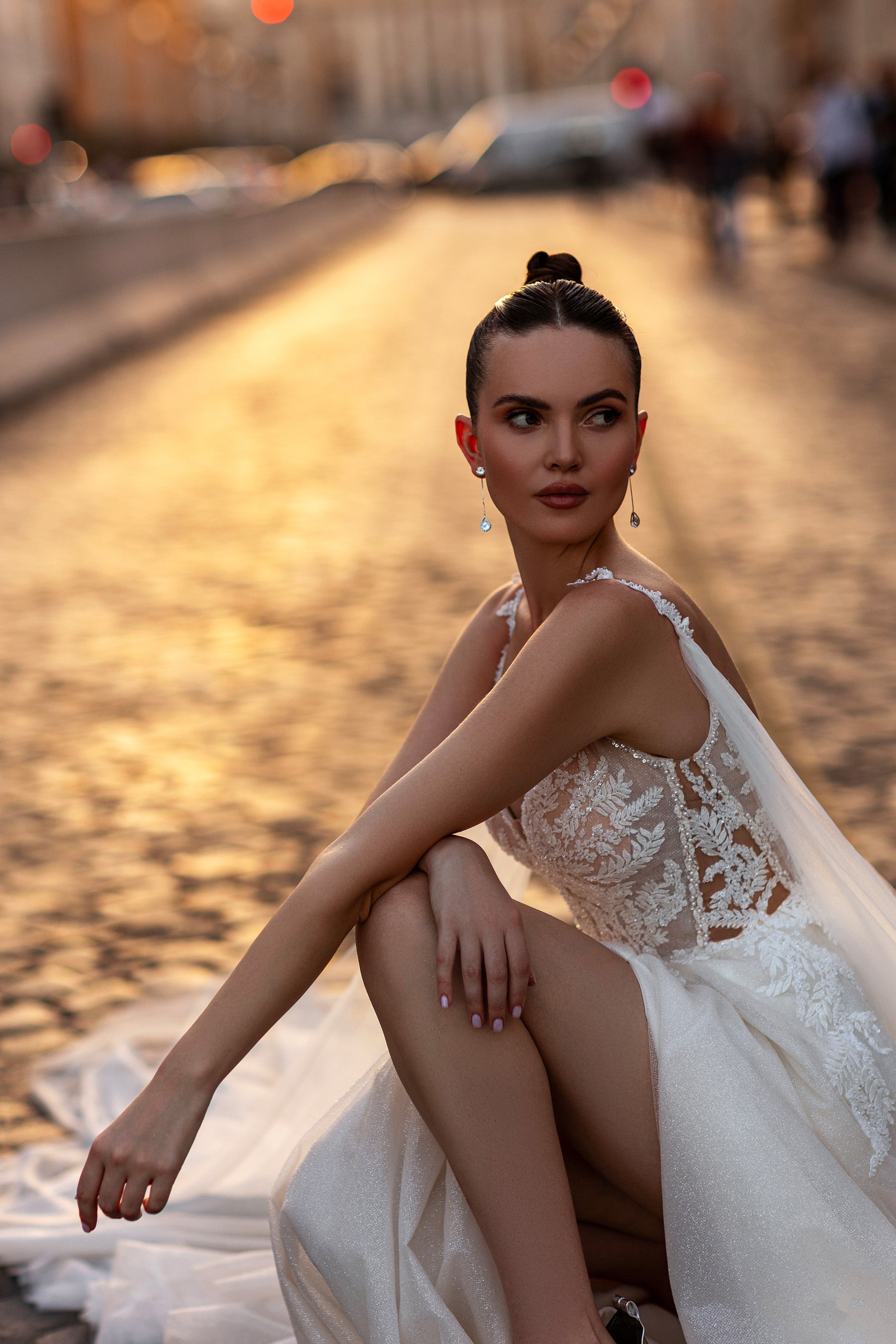 Sparkly A-Line Wedding Dress with Deep V-Neck and Slit