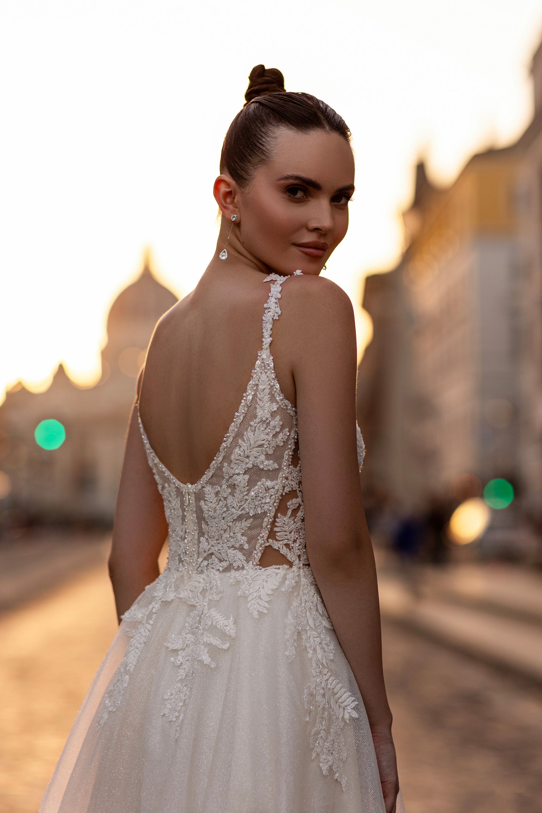 Sparkly A-Line Wedding Dress with Deep V-Neck and Slit