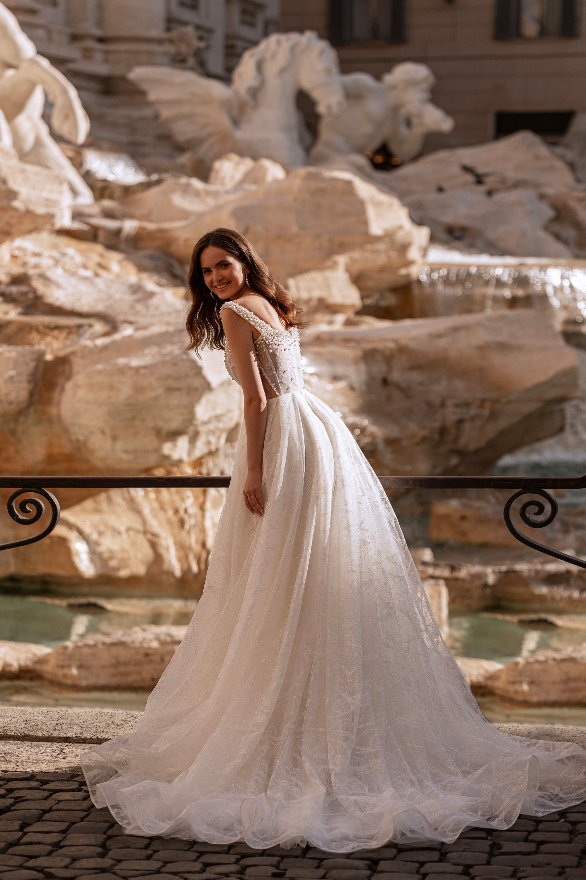 Pearl A-Line Wedding Dress with Square Neckline and Slit