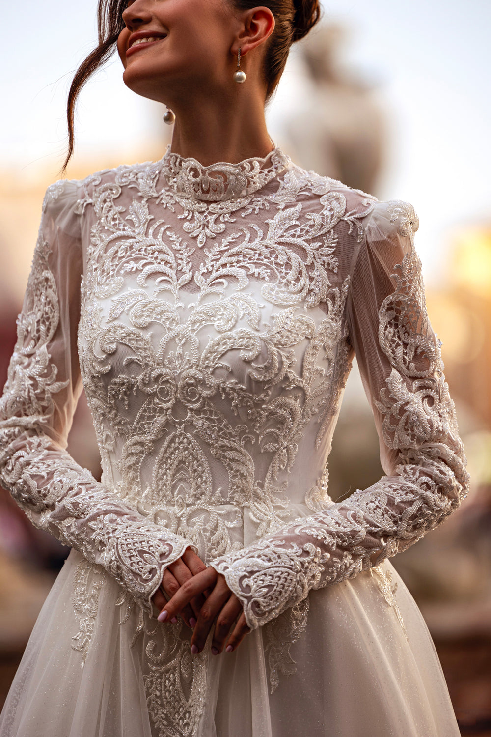 A-Line Wedding Dress With Lace Appliqués and Beading, High Illusion Neck, Long Sleeves, Embroidered Bodice, Tulle Skirt