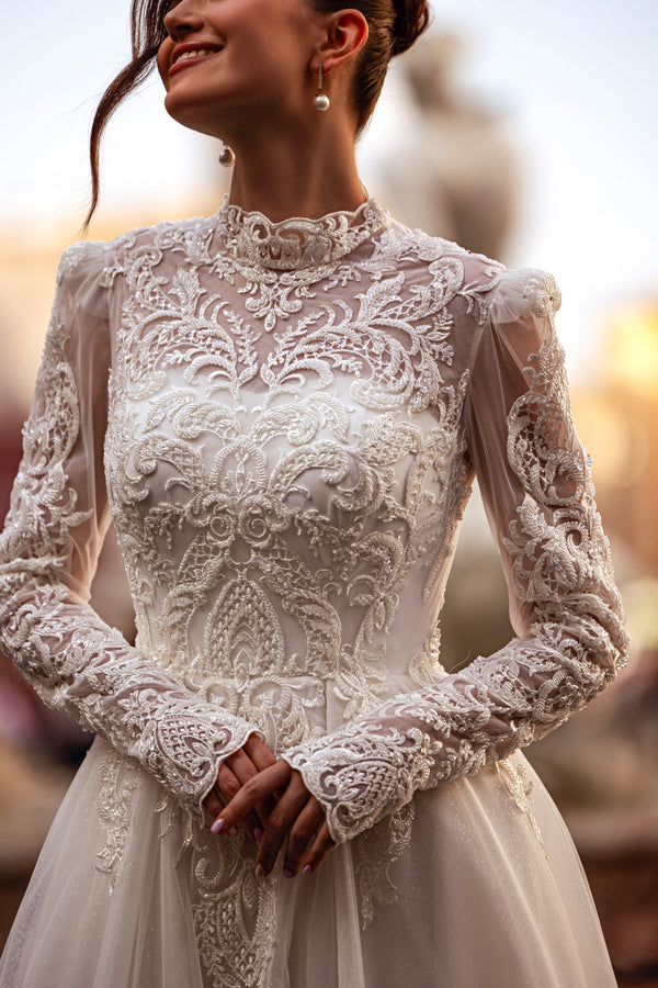 A-Line Wedding Dress With Lace Appliqués and Beading, High Illusion Neck, Long Sleeves, Embroidered Bodice, Tulle Skirt
