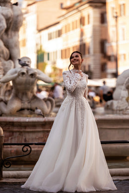 High-Neck Lace A-Line Wedding Dress with Long Sleeves