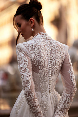 High-Neck Lace A-Line Wedding Dress with Long Sleeves