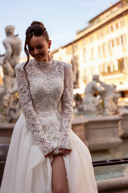High-Neck Lace A-Line Wedding Dress with Long Sleeves