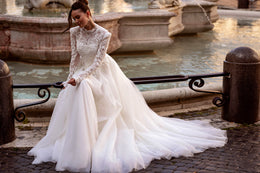 High-Neck Lace A-Line Wedding Dress with Long Sleeves