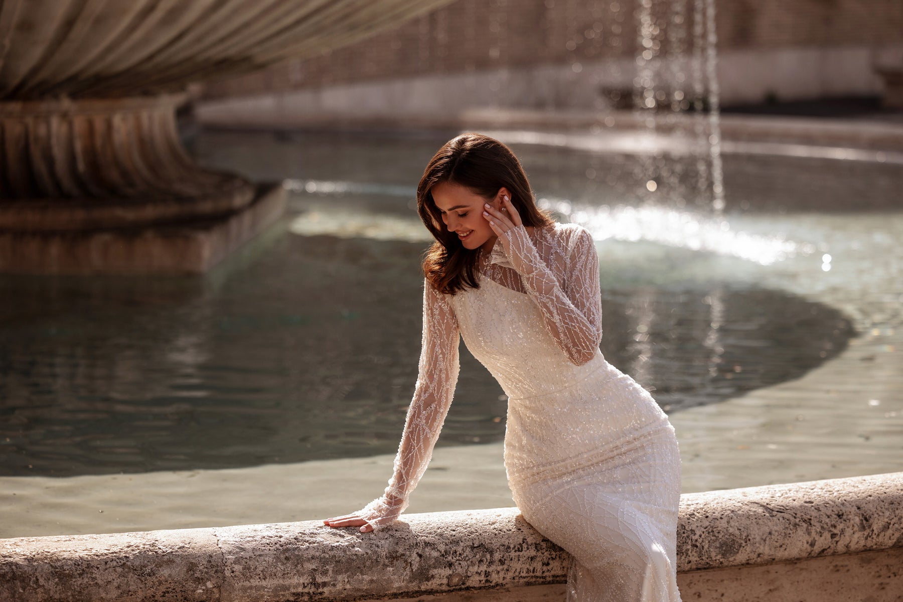 One-Shoulder Beaded Sheath Wedding Dress with Overskirt