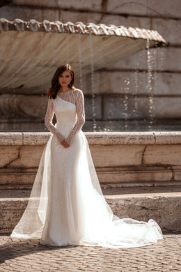 One-Shoulder Beaded Sheath Wedding Dress with Overskirt