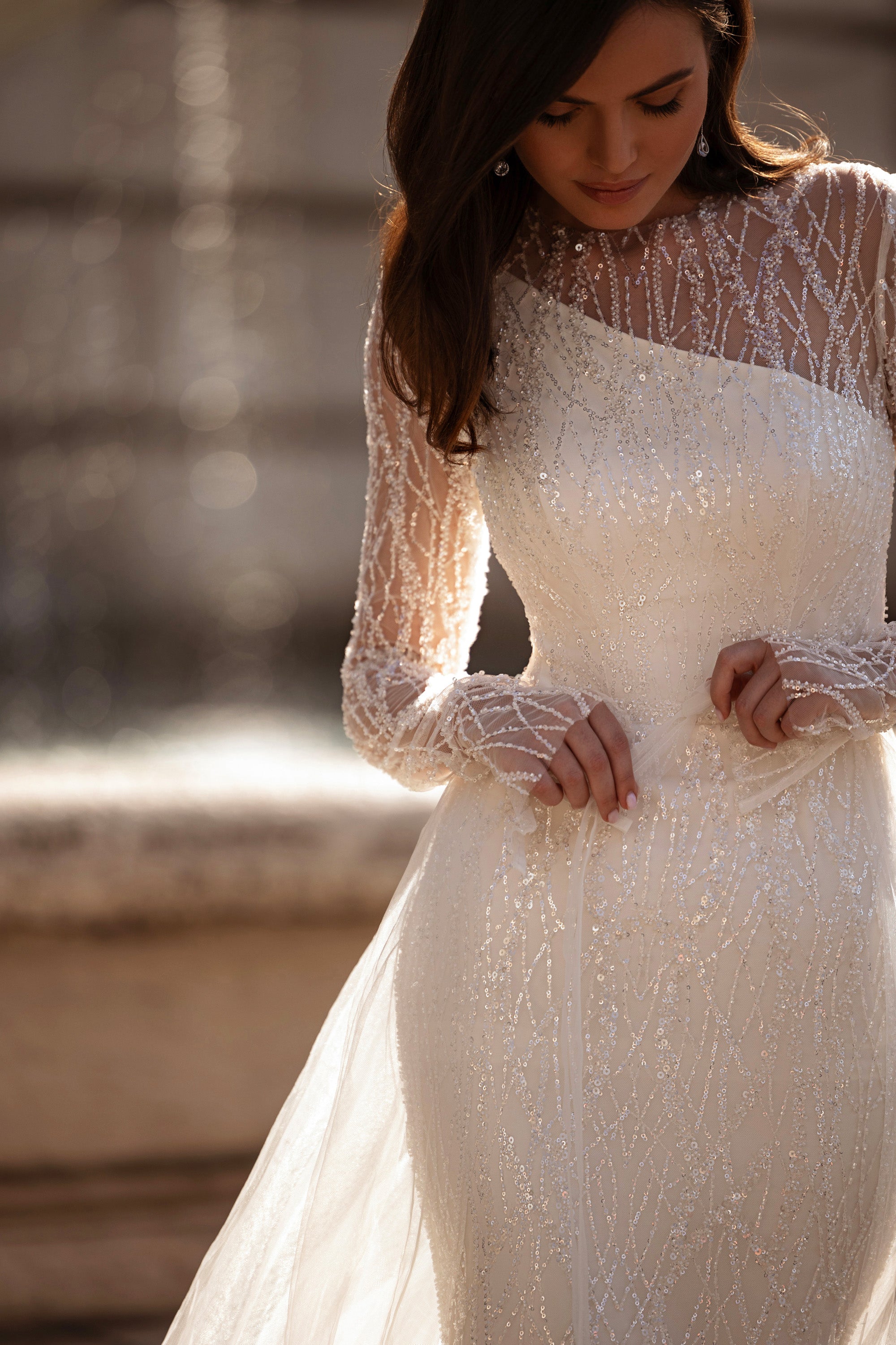 One-Shoulder Beaded Sheath Wedding Dress with Overskirt
