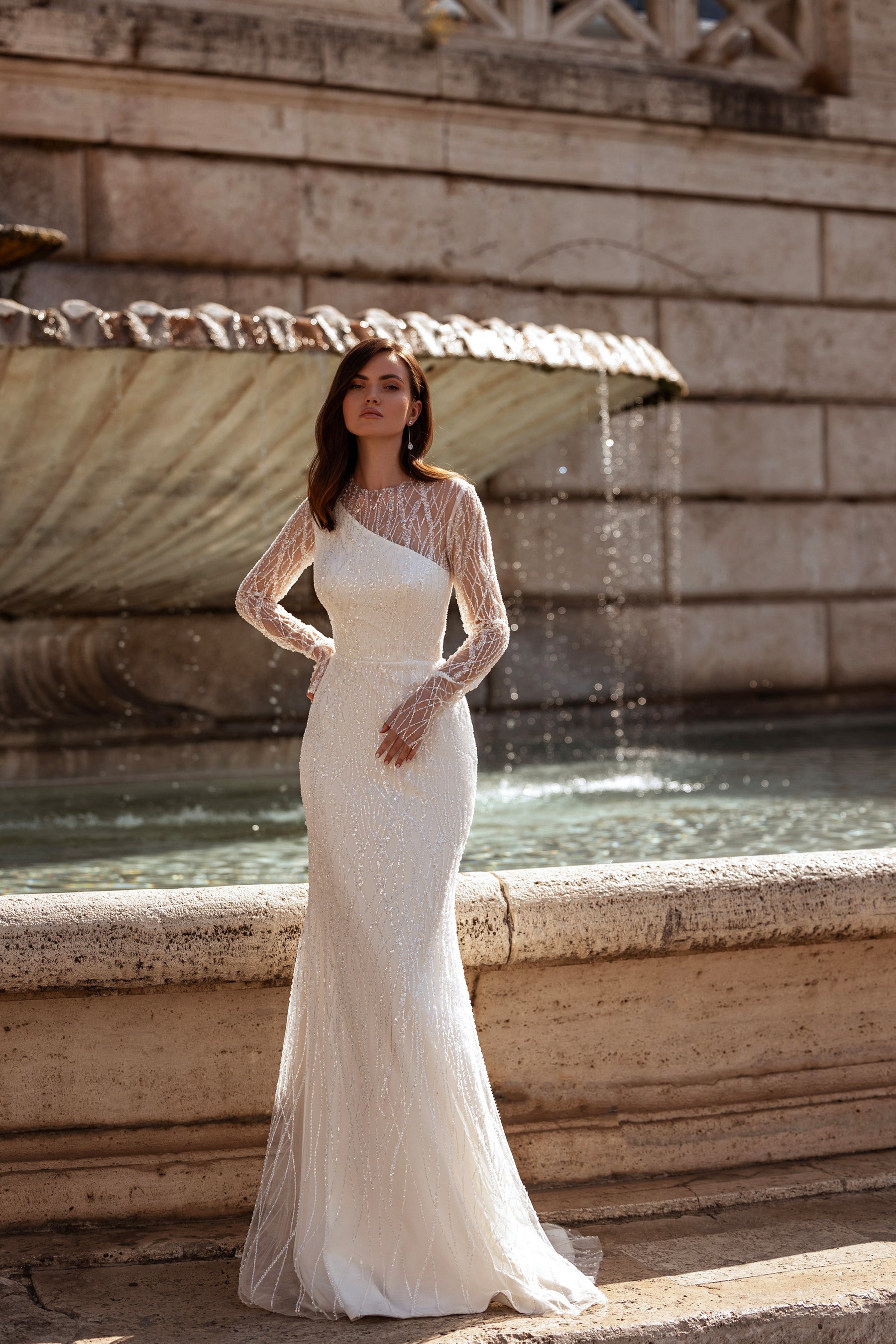 One-Shoulder Beaded Sheath Wedding Dress with Overskirt