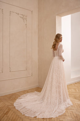 Long Sleeve Lace A-Line Wedding Dress with High Slit