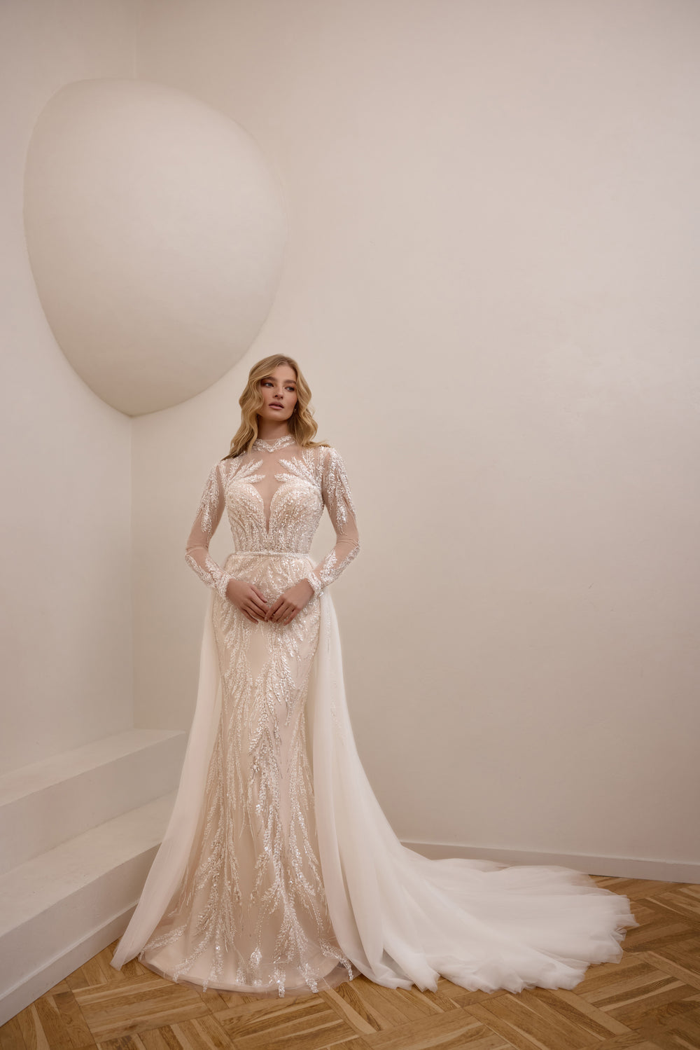 Long Sleeve Beaded Lace Sheath Wedding Dress with Detachable Overskirt