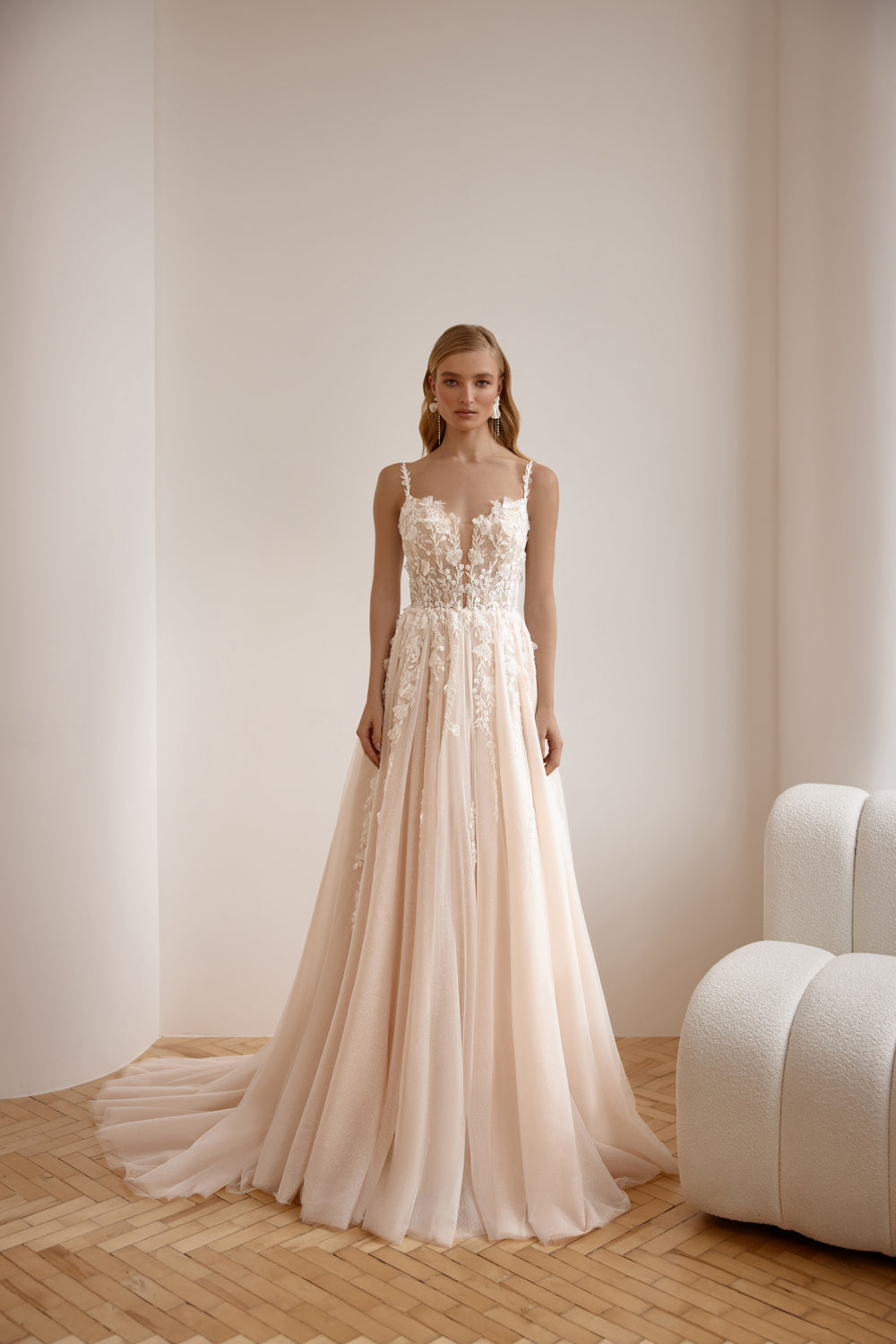 A-Line Wedding Dress with Lace Appliqués, Illusion V-Neck, Sleeveless Spaghetti Straps, Tulle Overlay and Cathedral Train