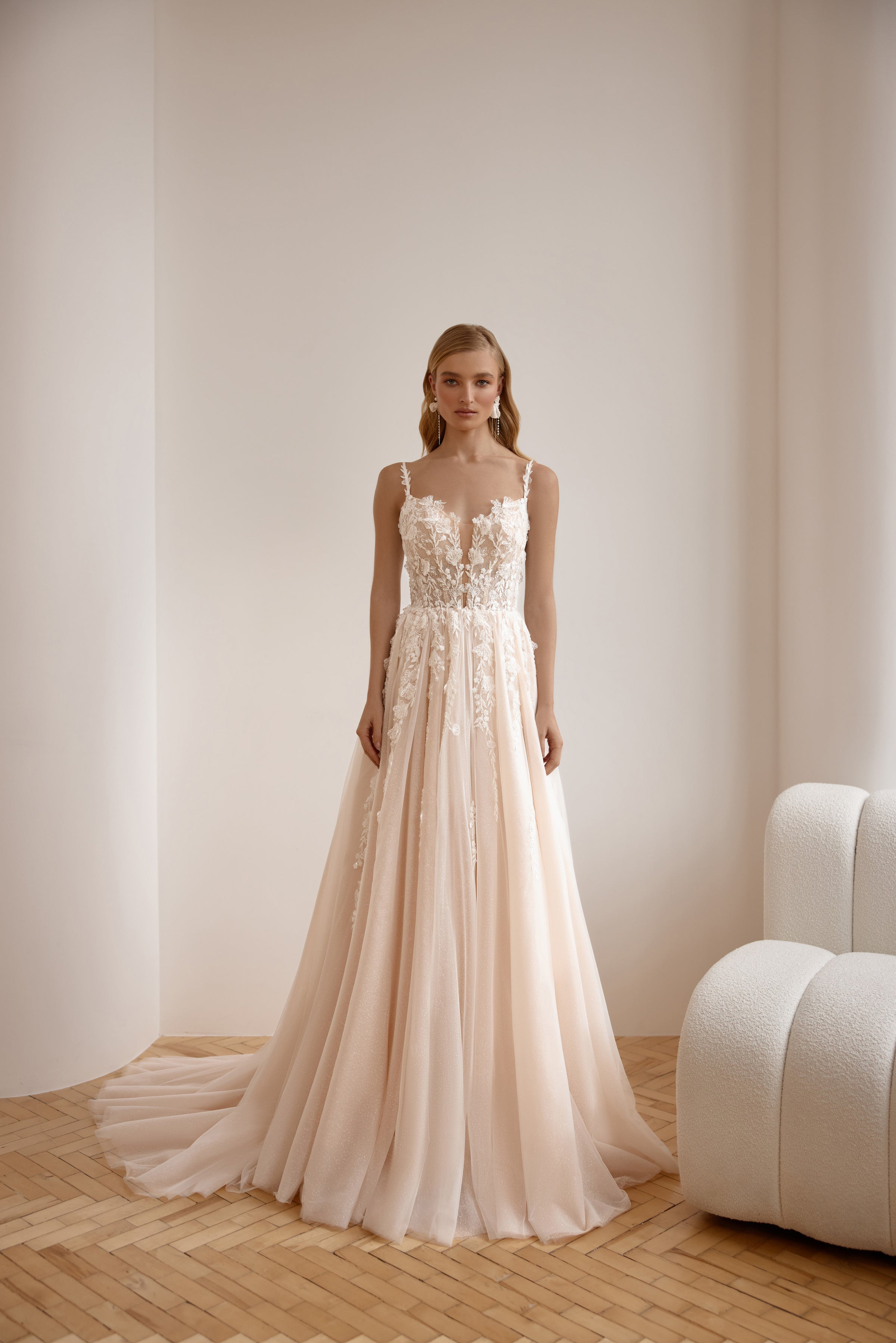 A-Line Wedding Dress with Lace Appliqués, Illusion V-Neck, Sleeveless Spaghetti Straps, Tulle Overlay and Cathedral Train