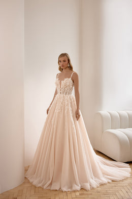 A-Line Wedding Dress with Lace Appliqués, Illusion V-Neck, Sleeveless Spaghetti Straps, Tulle Overlay and Cathedral Train