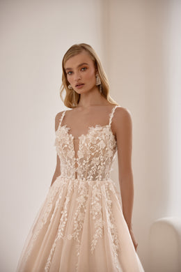 A-Line Wedding Dress with Lace Appliqués, Illusion V-Neck, Sleeveless Spaghetti Straps, Tulle Overlay and Cathedral Train