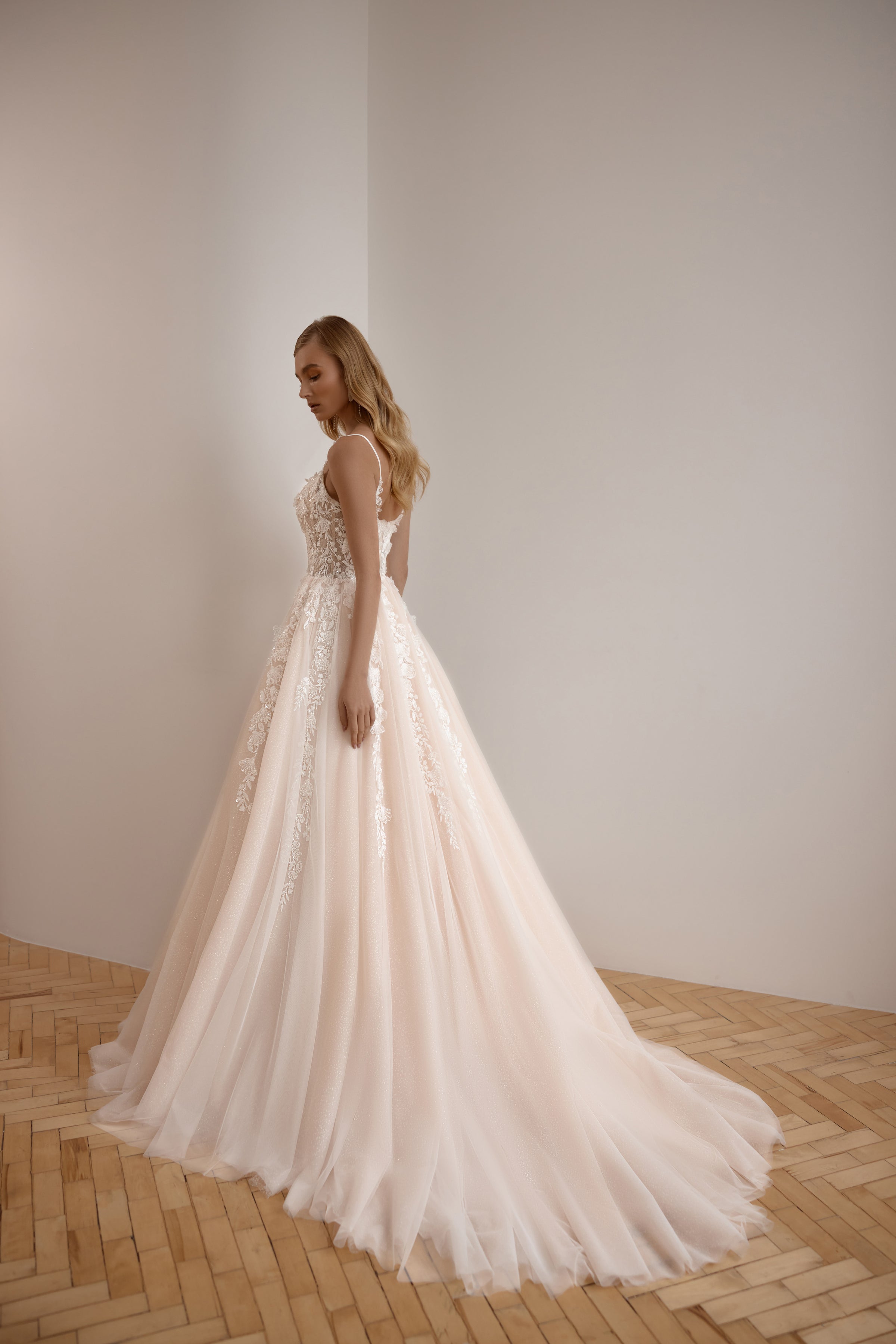 A-Line Wedding Dress with Lace Appliqués, Illusion V-Neck, Sleeveless Spaghetti Straps, Tulle Overlay and Cathedral Train
