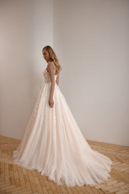 A-Line Wedding Dress with Lace Appliqués, Illusion V-Neck, Sleeveless Spaghetti Straps, Tulle Overlay and Cathedral Train