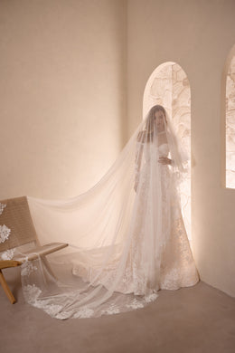 Ivory floral lace wedding dress shown beneath a long sheer veil with a sweeping train