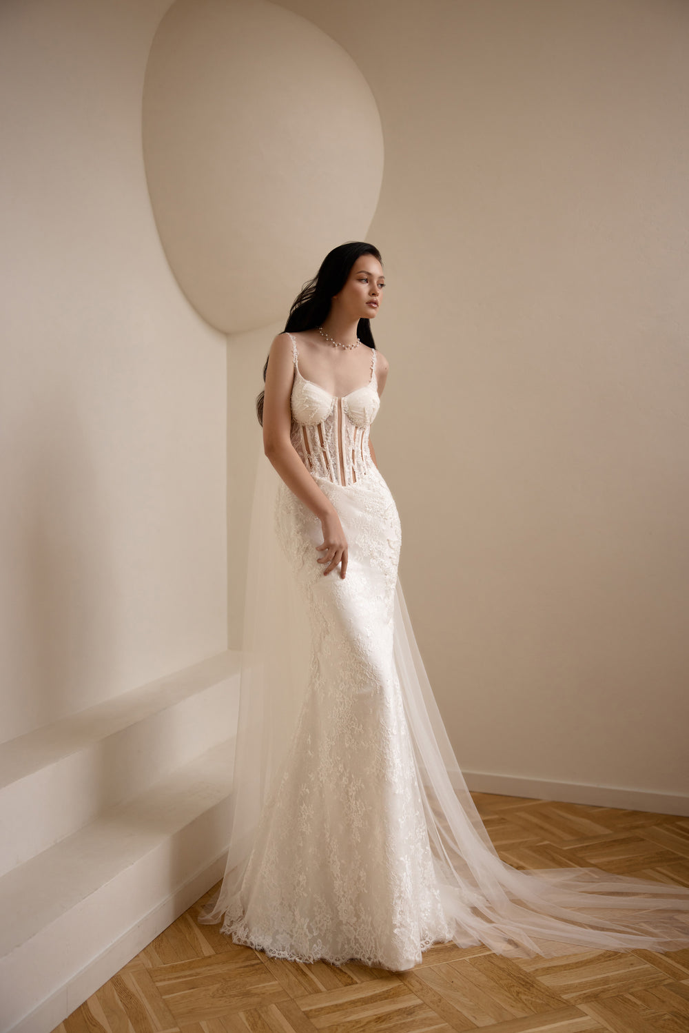 Lace Sheath Wedding Dress with Corset Bodice and Spaghetti Straps