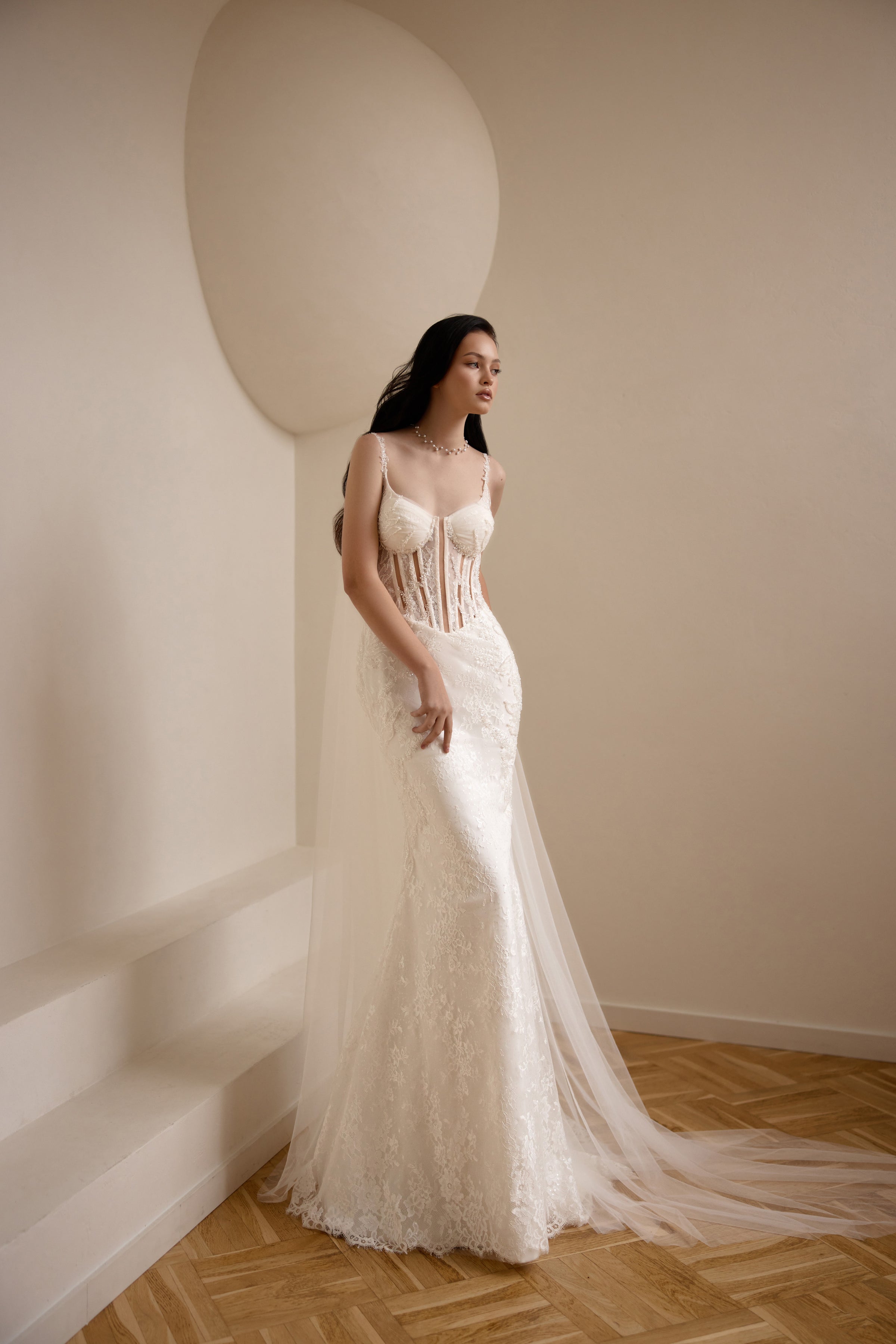 Lace Sheath Wedding Dress with Corset Bodice and Spaghetti Straps