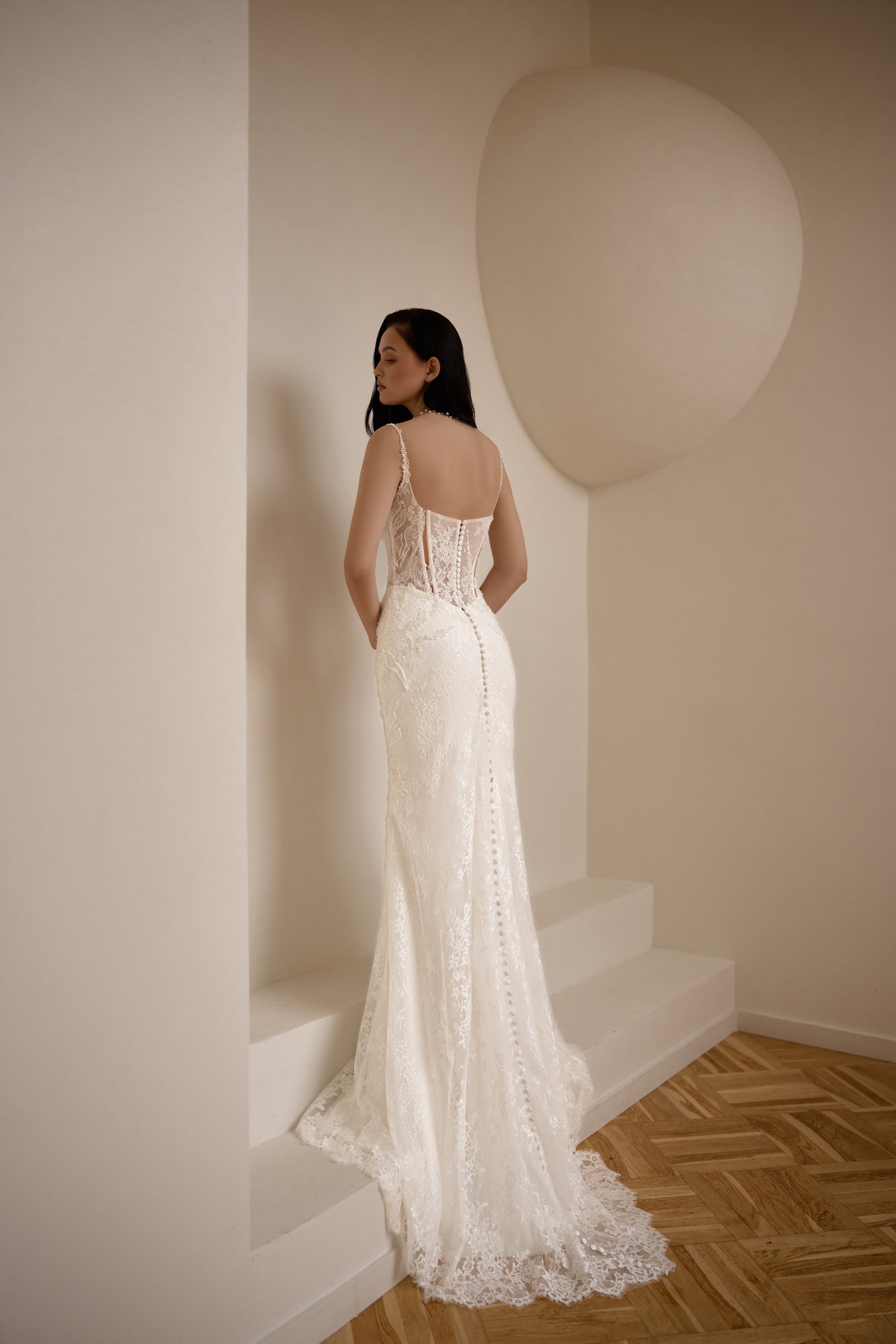 Lace Sheath Wedding Dress with Corset Bodice and Spaghetti Straps