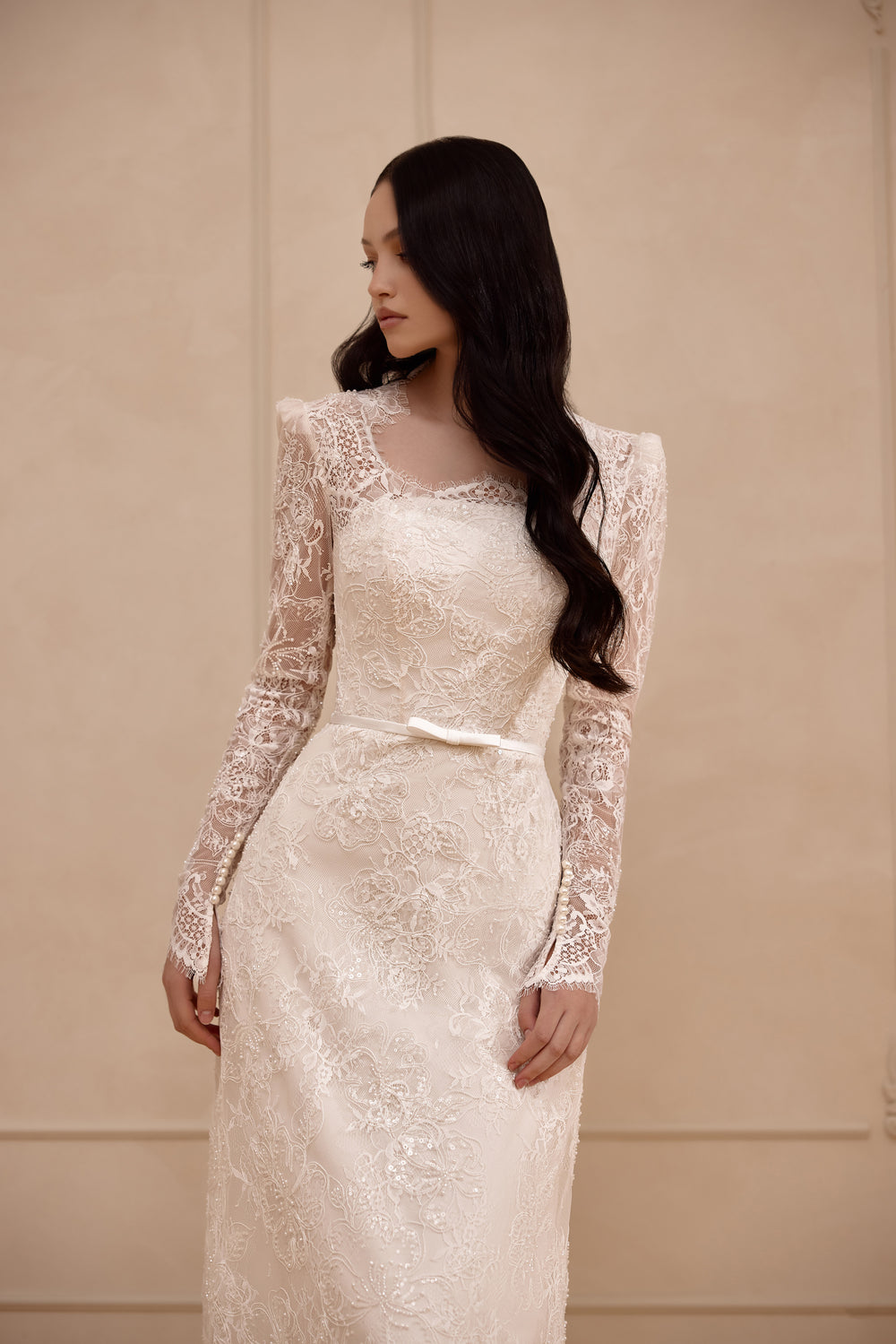 Long Sleeve Lace Sheath Wedding Dress with Illusion Back