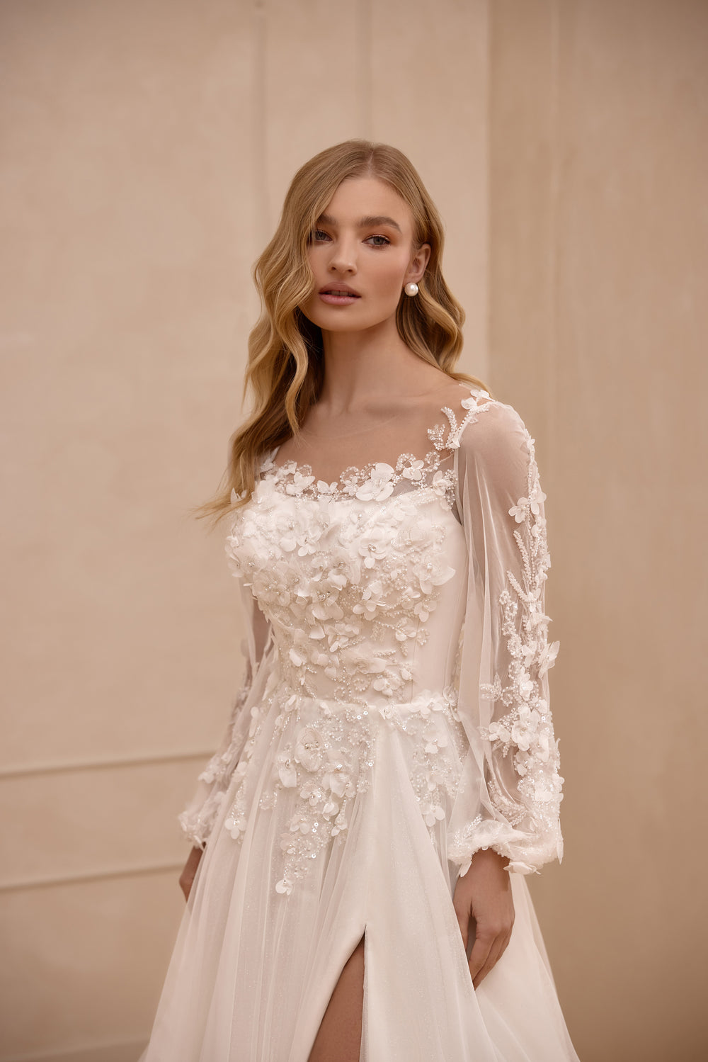 Floral A-Line Wedding Dress with Long Illusion Sleeves and Slit