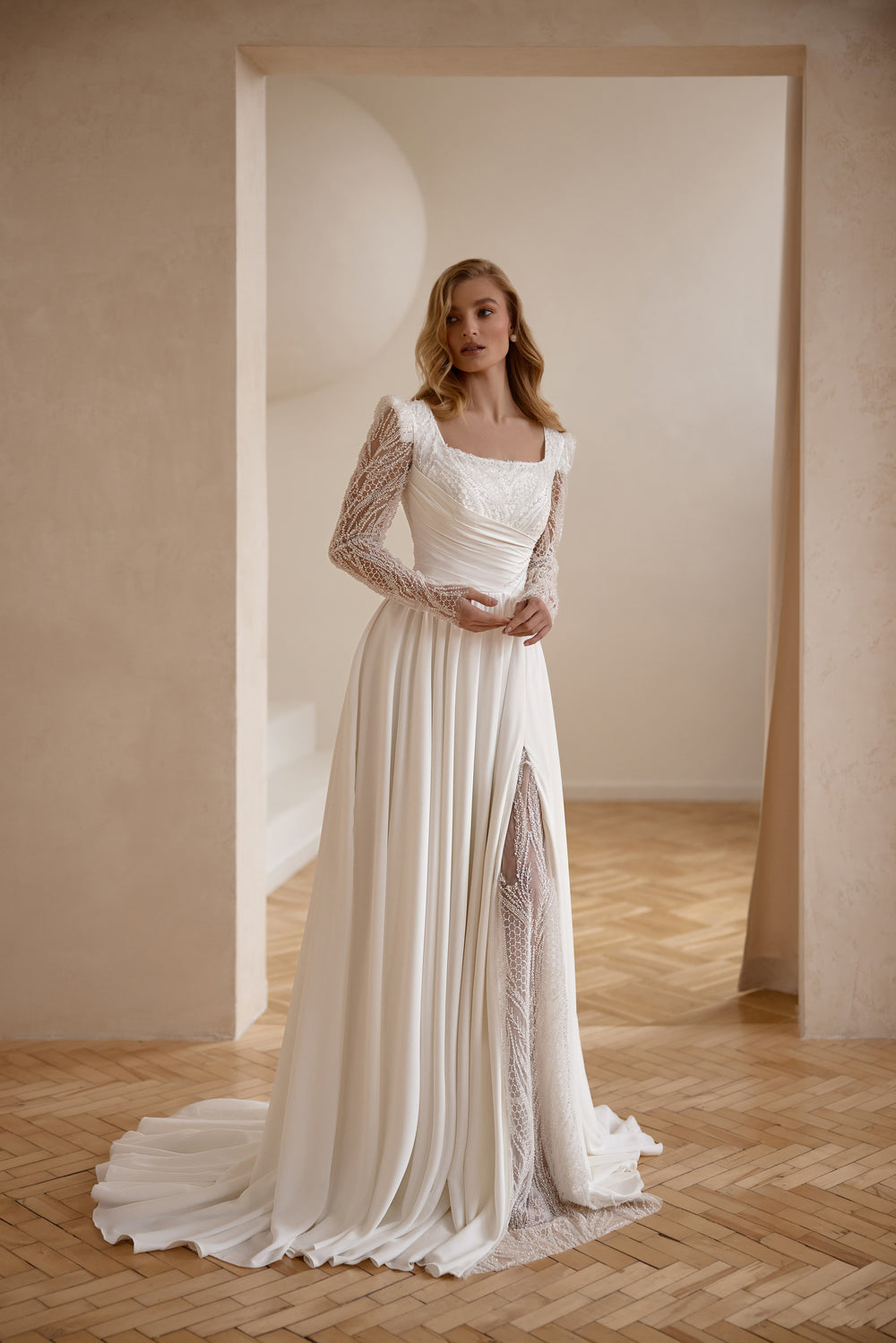 A-Line Wedding Dress with Square Neckline and Long Illusion Sleeves