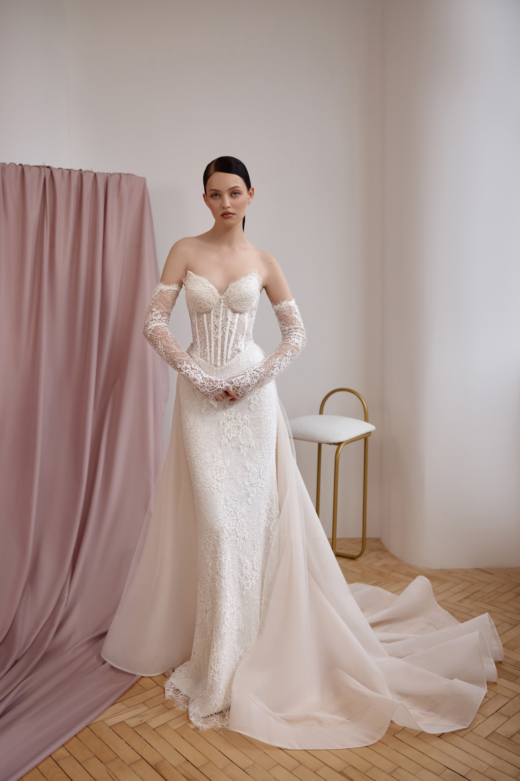 Strapless Lace Sheath Wedding Dress with Detachable Sleeves and Overskirt