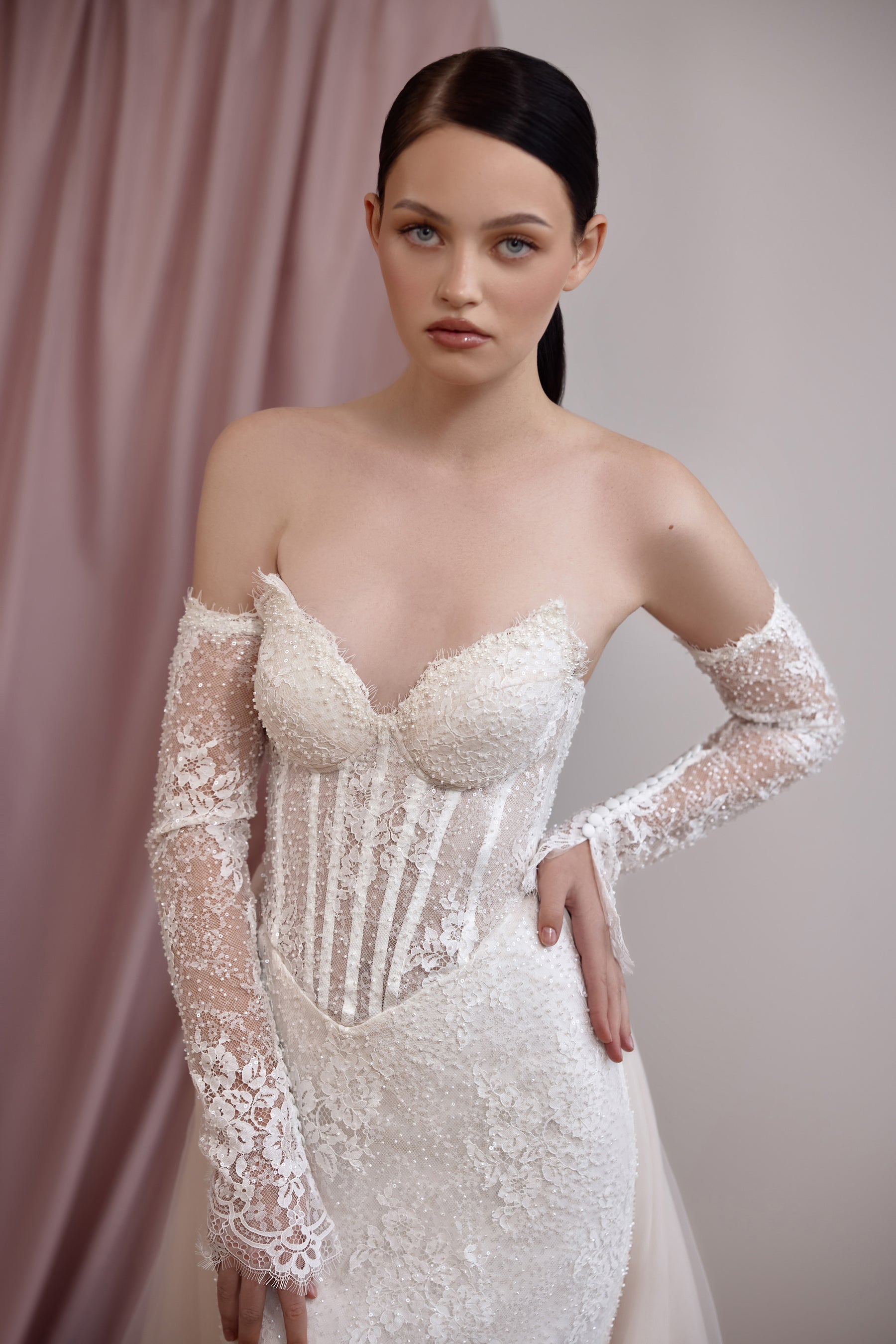 Strapless Lace Sheath Wedding Dress with Detachable Sleeves and Overskirt