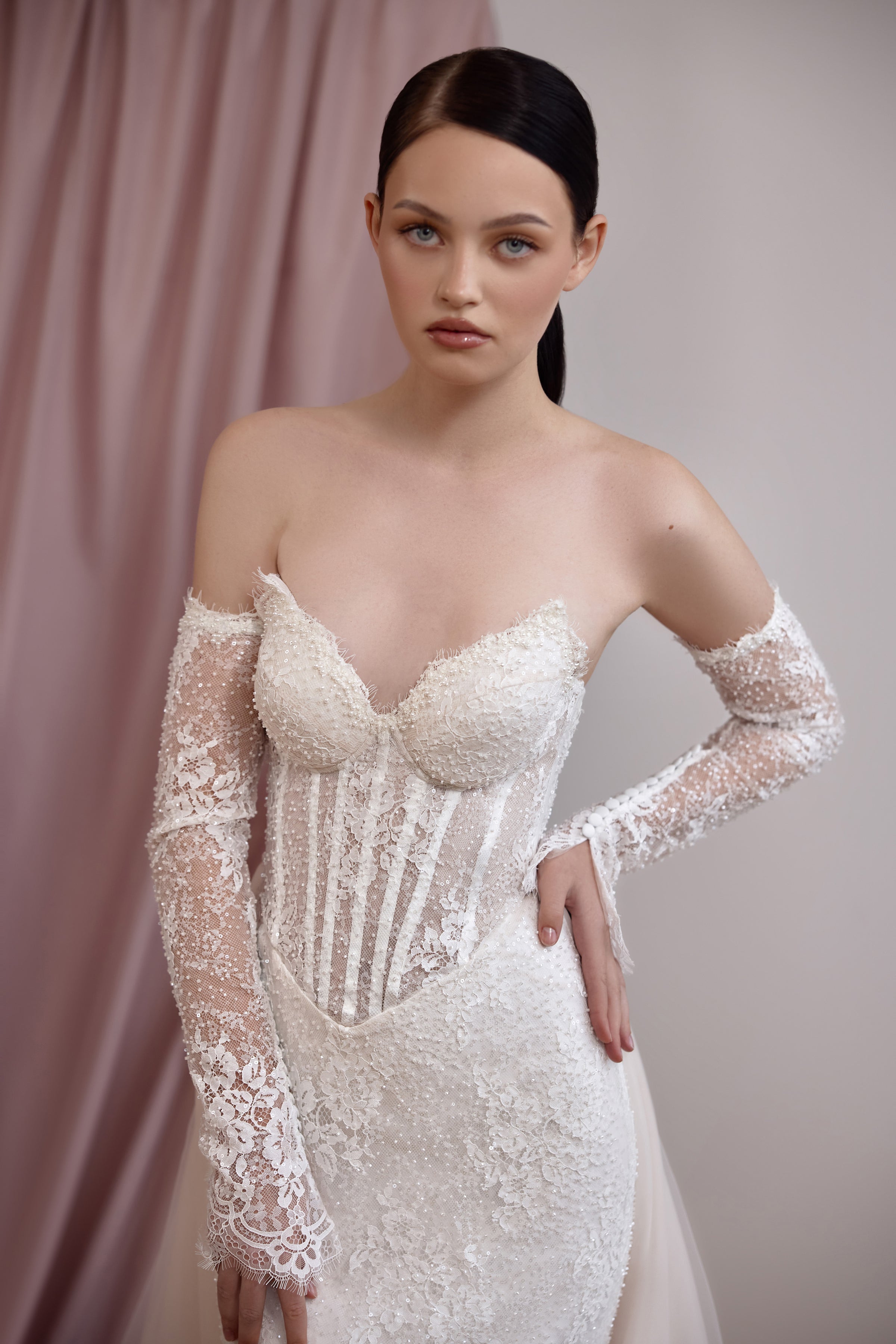 Strapless Lace Sheath Wedding Dress with Detachable Sleeves and Overskirt