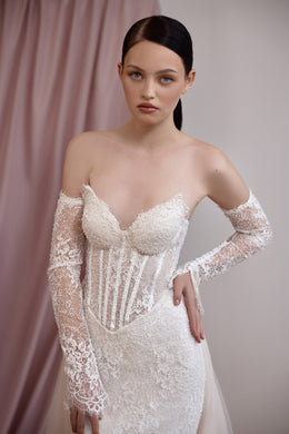 Strapless Lace Sheath Wedding Dress with Detachable Sleeves and Overskirt