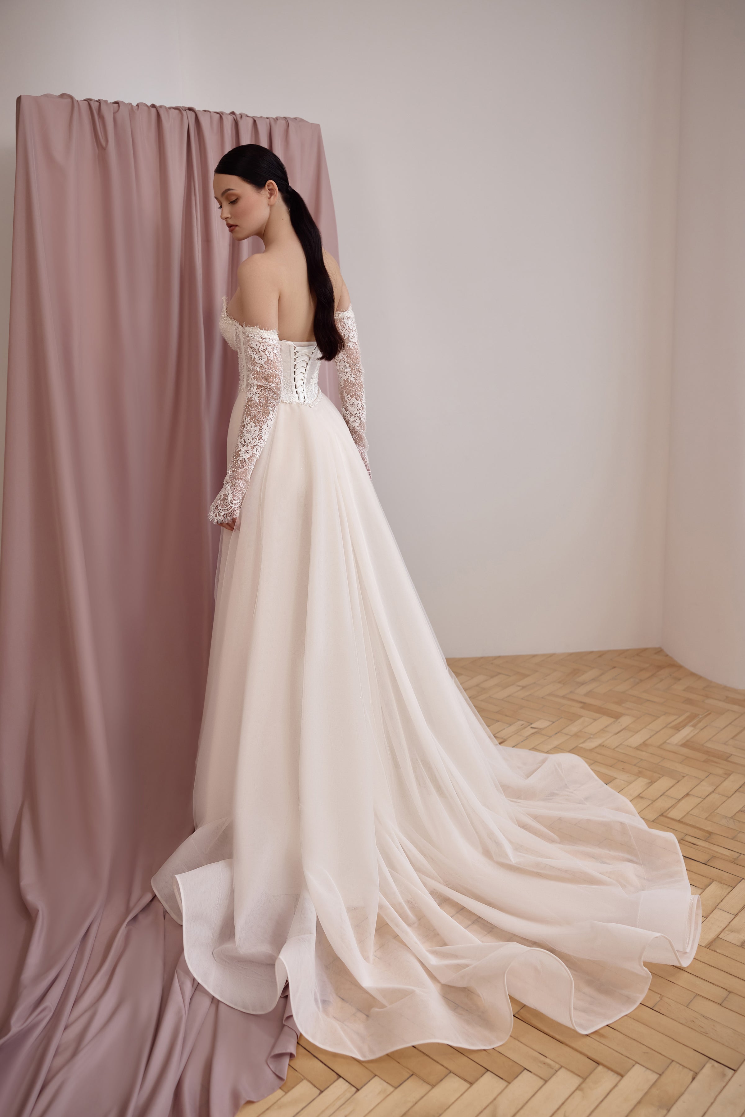 Strapless Lace Sheath Wedding Dress with Detachable Sleeves and Overskirt