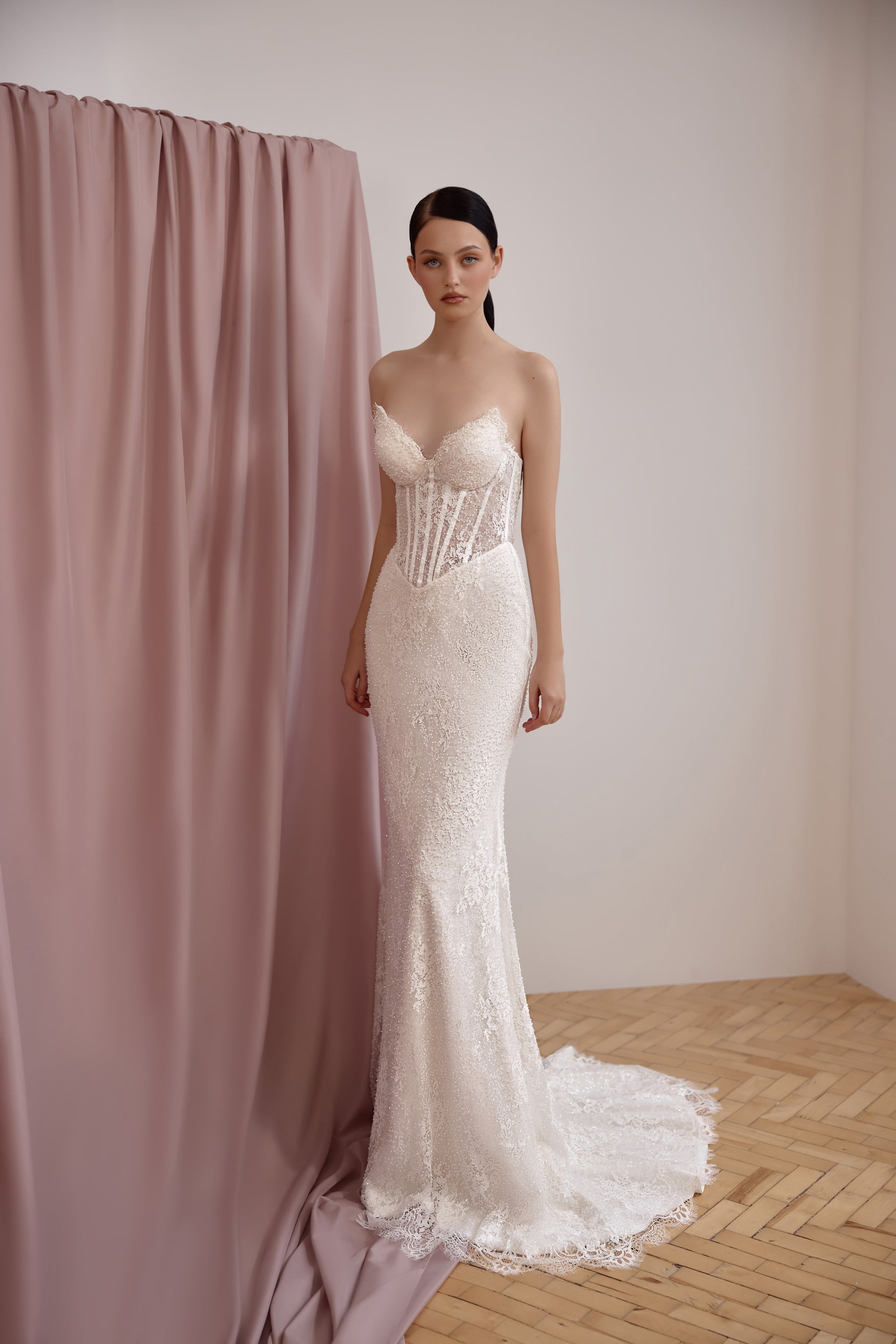 Strapless Lace Sheath Wedding Dress with Detachable Sleeves and Overskirt