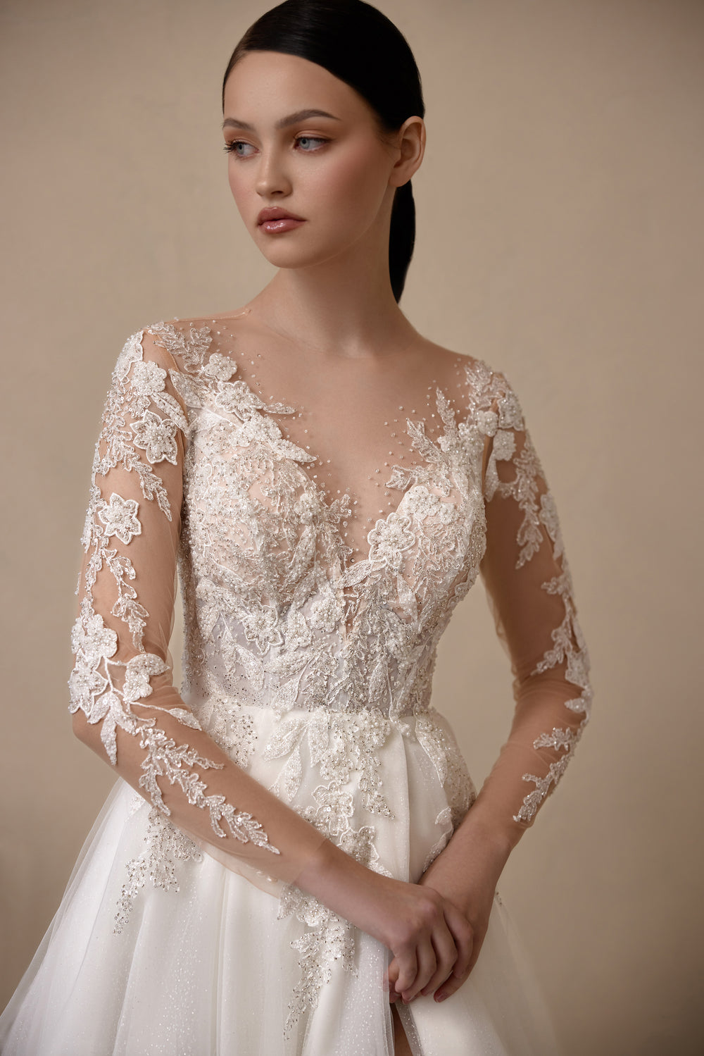Illusion V-Neck A-Line Wedding Dress with Long Lace Sleeves and Slit