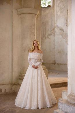 Luxury Sparkling Lace Ball Gown Wedding Dress with Detachable Off-the-Shoulder Sleeves