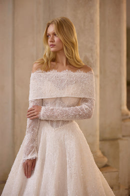 Luxury Sparkling Lace Ball Gown Wedding Dress with Detachable Off-the-Shoulder Sleeves