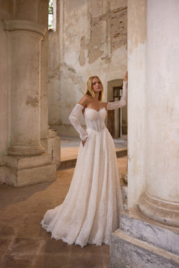 Luxury Sparkling Lace Ball Gown Wedding Dress with Detachable Off-the-Shoulder Sleeves