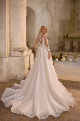 Sparkling ivory A-line wedding dress with sheer lace sleeves and a wide, flowing cathedral-length train